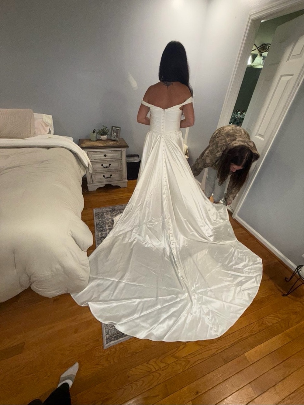 Off-Shoulder Satin Wedding Dress with Chapel Train - White